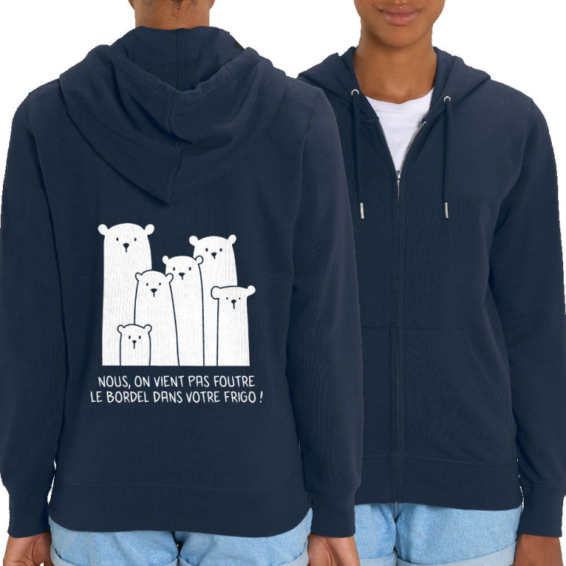 Sweat femme zippé à capuche coton bio bleu marine Le bordel dans votre frigo (Gondrax,Animaux,Ecologie,Humour)