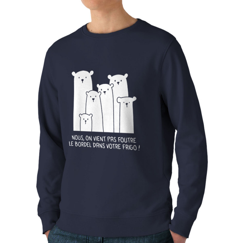 Sweat homme bio col rond bleu marine Le bordel dans votre frigo (Gondrax,Animaux,Ecologie,Humour)