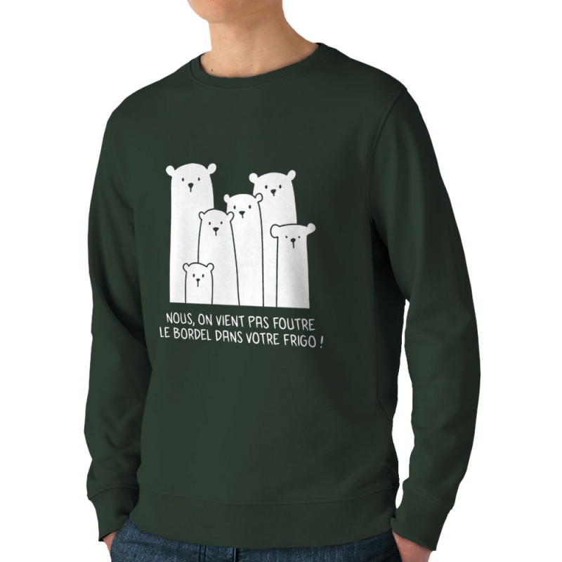 Sweat homme bio col rond vert foncé Le bordel dans votre frigo (Gondrax,Animaux,Ecologie,Humour)