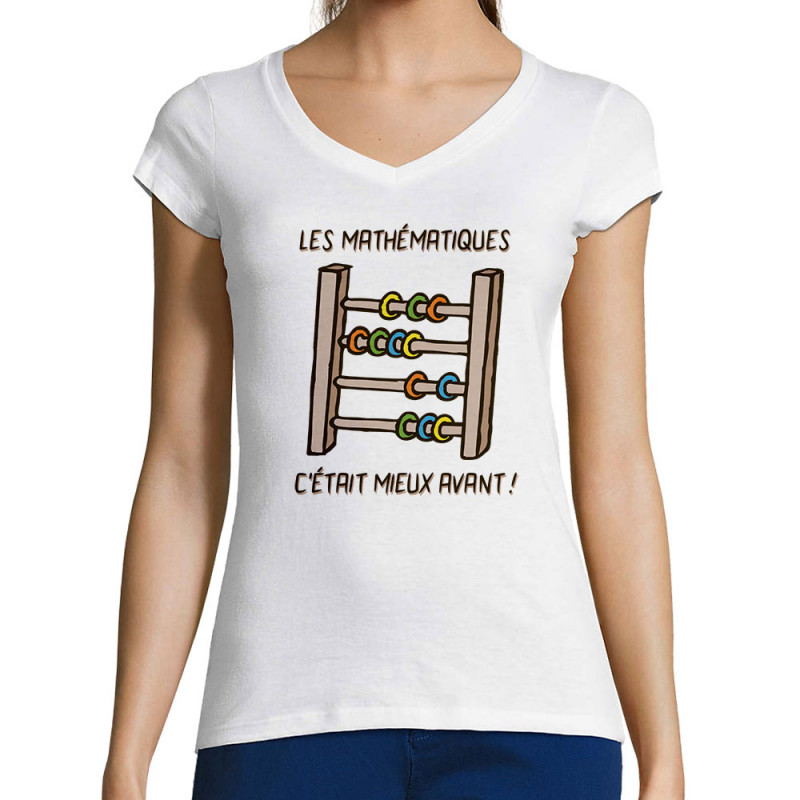 T-shirt femme col V blanc Les mathématiques (Gondrax,Humour,Slogans Débiles)