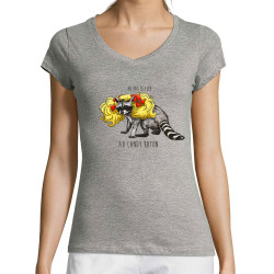 T-shirt femme col V gris chiné Candy Raton (Mr Mouton,Animaux,Humour)