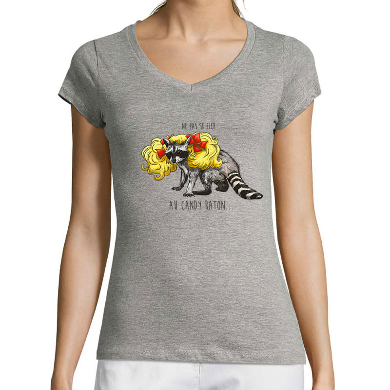 T-shirt femme col V gris chiné Candy Raton (Mr Mouton,Animaux,Humour)