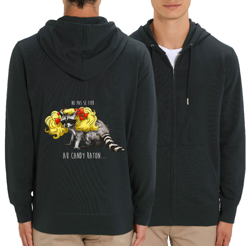Sweat homme zippé à capuche coton bio noir Candy Raton (Mr Mouton,Animaux,Humour)