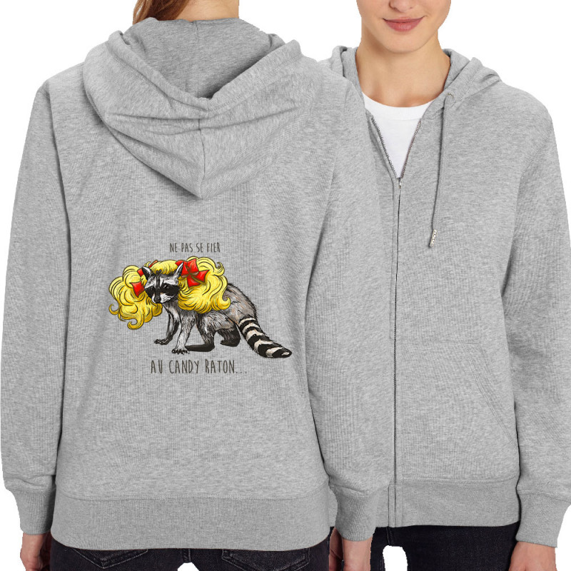 Sweat femme zippé à capuche coton bio gris chiné Candy Raton (Mr Mouton,Animaux,Humour)