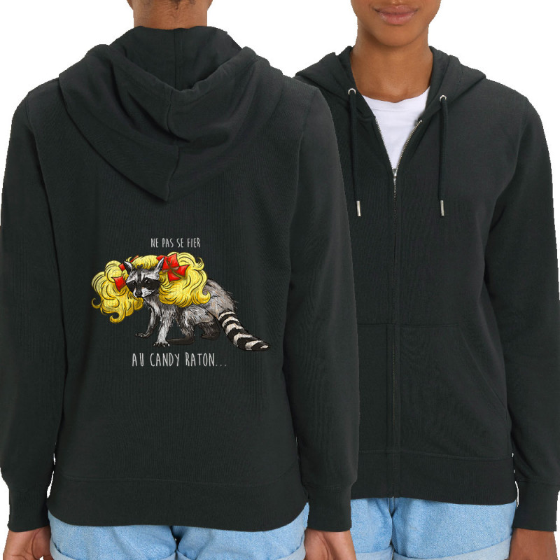Sweat femme zippé à capuche coton bio noir Candy Raton (Mr Mouton,Animaux,Humour)