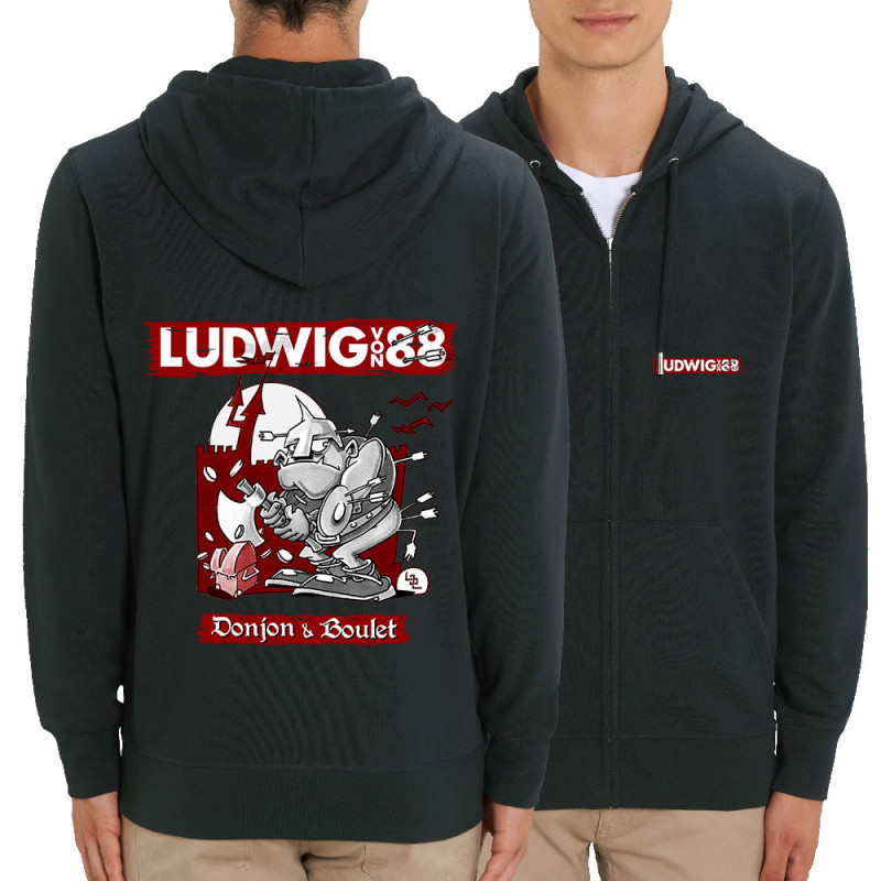 Sweat homme zippé à capuche coton bio noir Donjon et boulet (Ludwig Von 88)