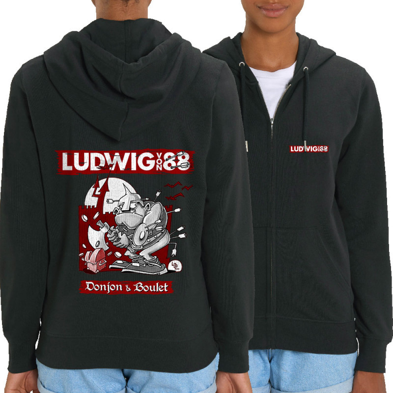 Sweat femme zippé à capuche coton bio noir Donjon et boulet (Ludwig Von 88)