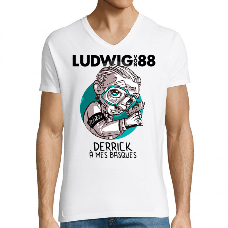 T-shirt homme col V blanc Derrick à mes basques (Ludwig Von 88)