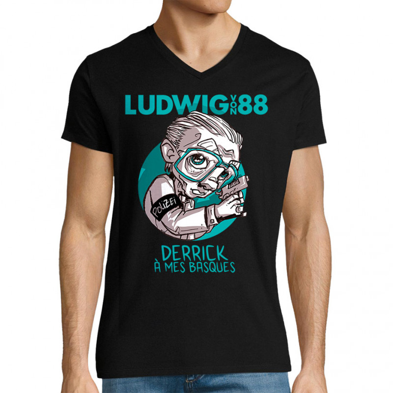 T-shirt homme col V noir Derrick à mes basques (Ludwig Von 88)