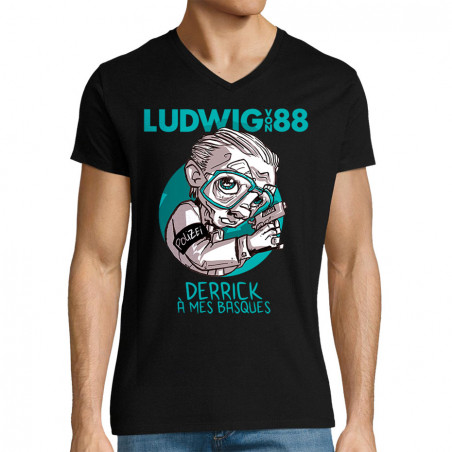 T-shirt homme col V noir Derrick à mes basques (Ludwig Von 88)