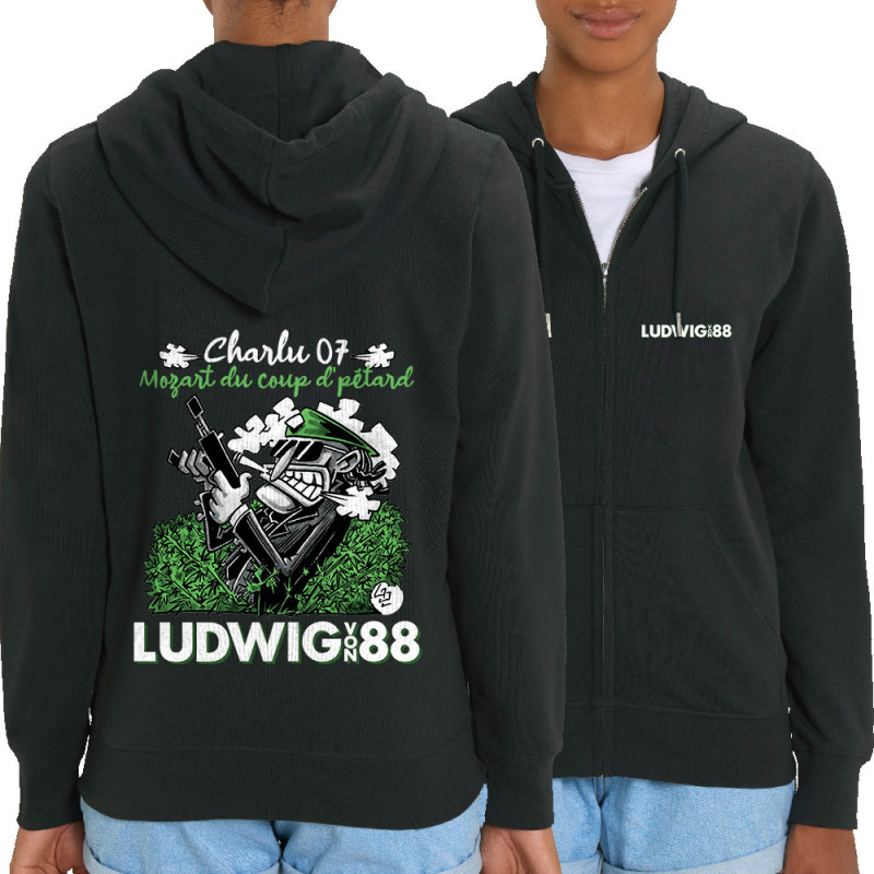 Sweat femme zippé à capuche coton bio noir Charlu 07 (Ludwig Von 88,Laul)
