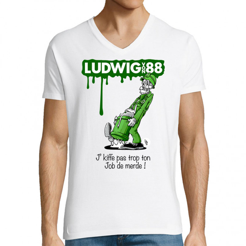 T-shirt homme col V blanc Job de merde (Ludwig Von 88,Rock & Punk,Laul)