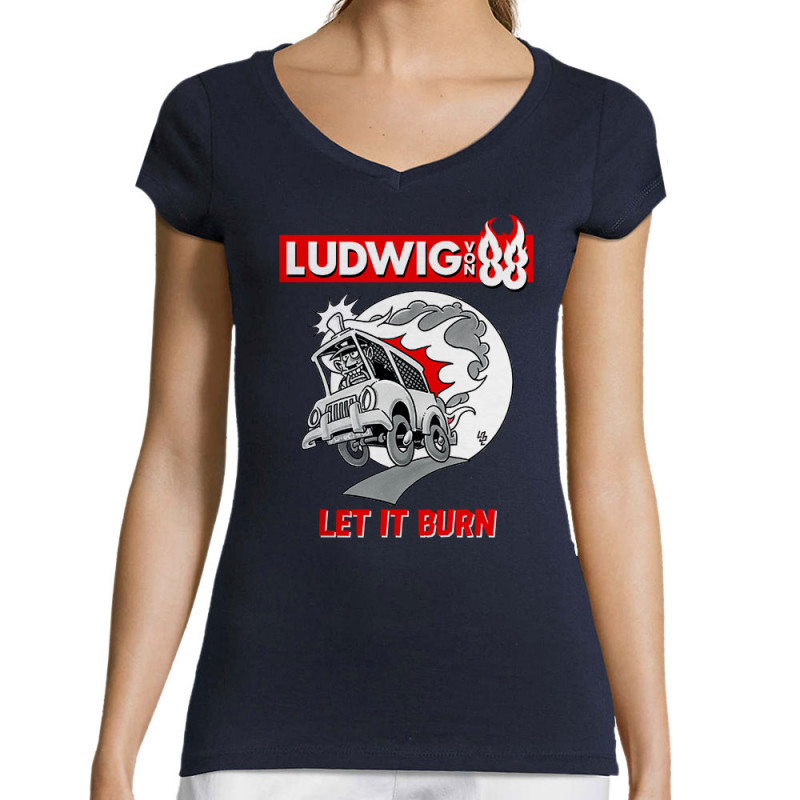T-shirt femme col V bleu marine Let It Burn (Ludwig Von 88,Rock & Punk,Laul)