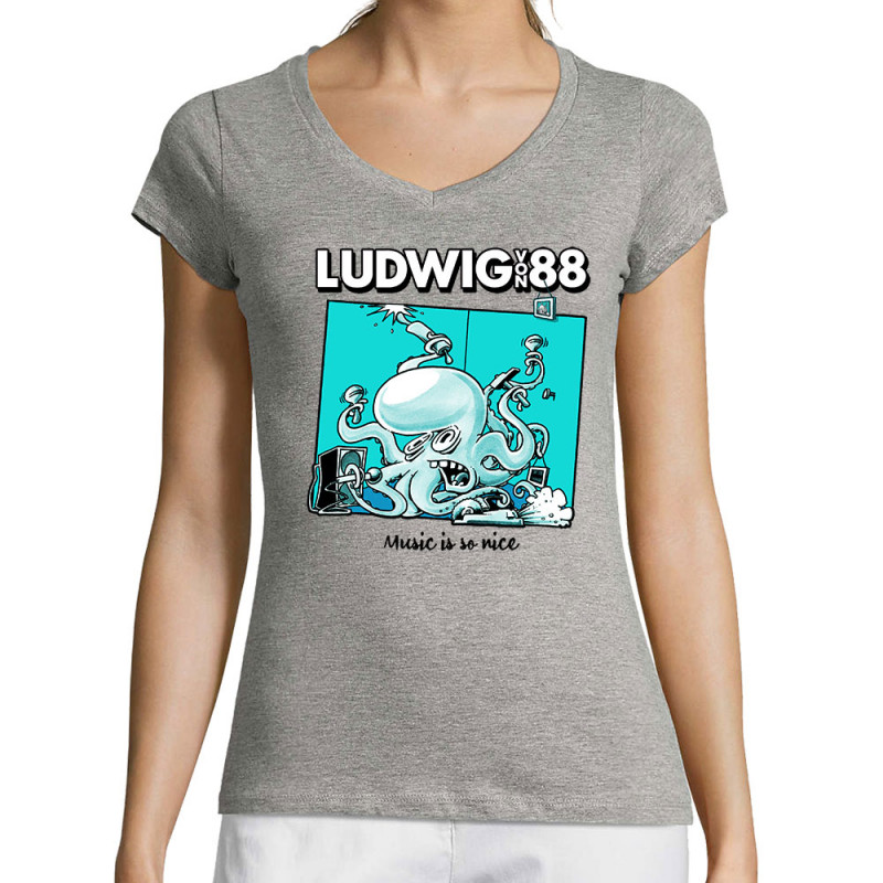 T-shirt femme col V gris chiné Voisin Voisine - Music is so nice (Ludwig Von 88,Rock & Punk)