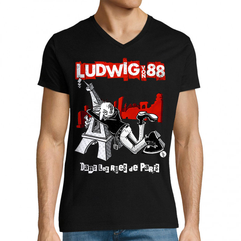 T-shirt homme col V noir Dans les rues de Paris (Ludwig Von 88,Rock & Punk,Laul)