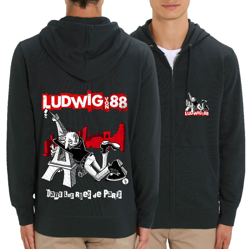 Sweat homme zippé à capuche coton bio noir Dans les rues de Paris (Ludwig Von 88,Rock & Punk,Laul)