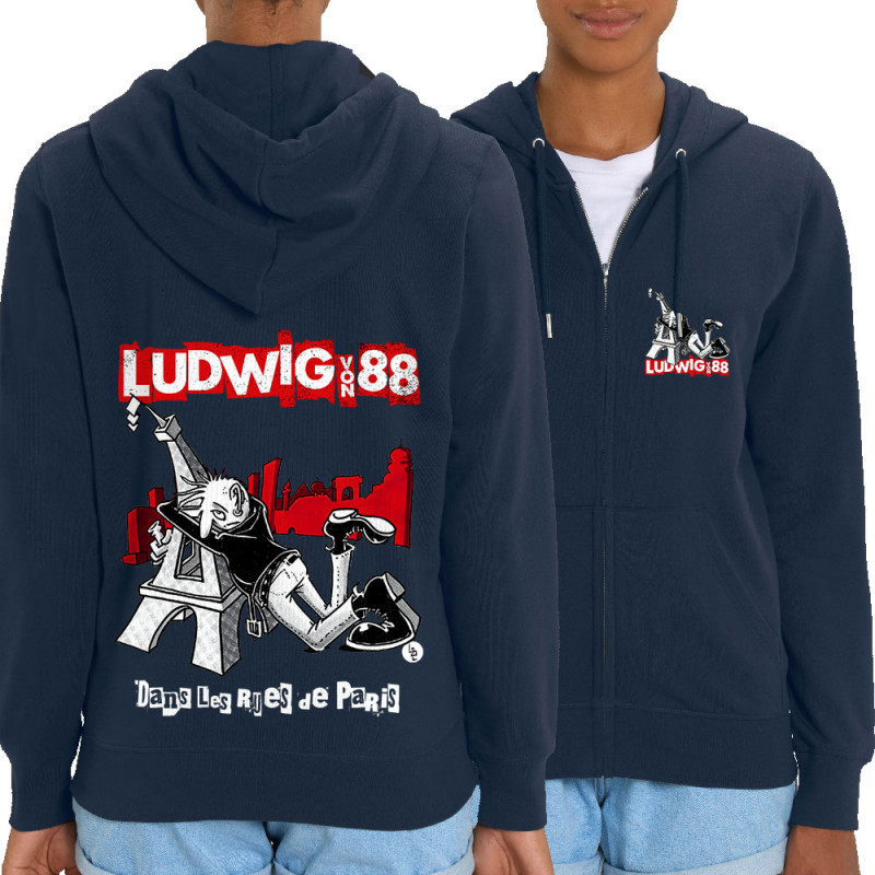 Sweat femme zippé à capuche coton bio bleu marine Dans les rues de Paris (Ludwig Von 88,Rock & Punk,Laul)