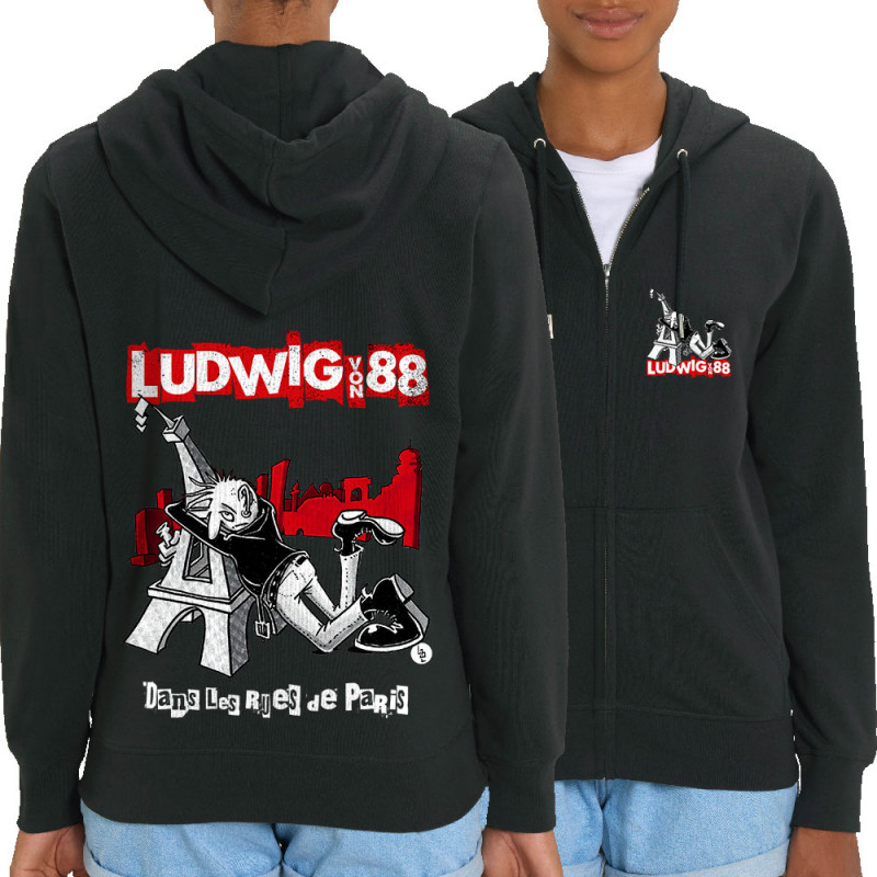 Sweat femme zippé à capuche coton bio noir Dans les rues de Paris (Ludwig Von 88,Rock & Punk,Laul)