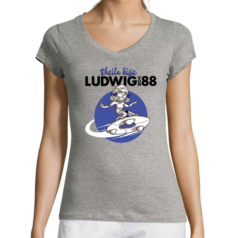 T-shirt femme col V gris chiné Sheila kiffe ludwig von 88 (Ludwig Von 88,Rock & Punk)