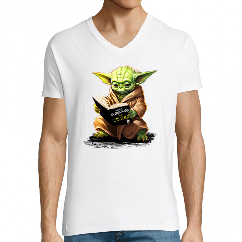 T-shirt homme col V blanc Yoda pour les nuls (Gondrax,Films/Séries,Humour,Star Wars)