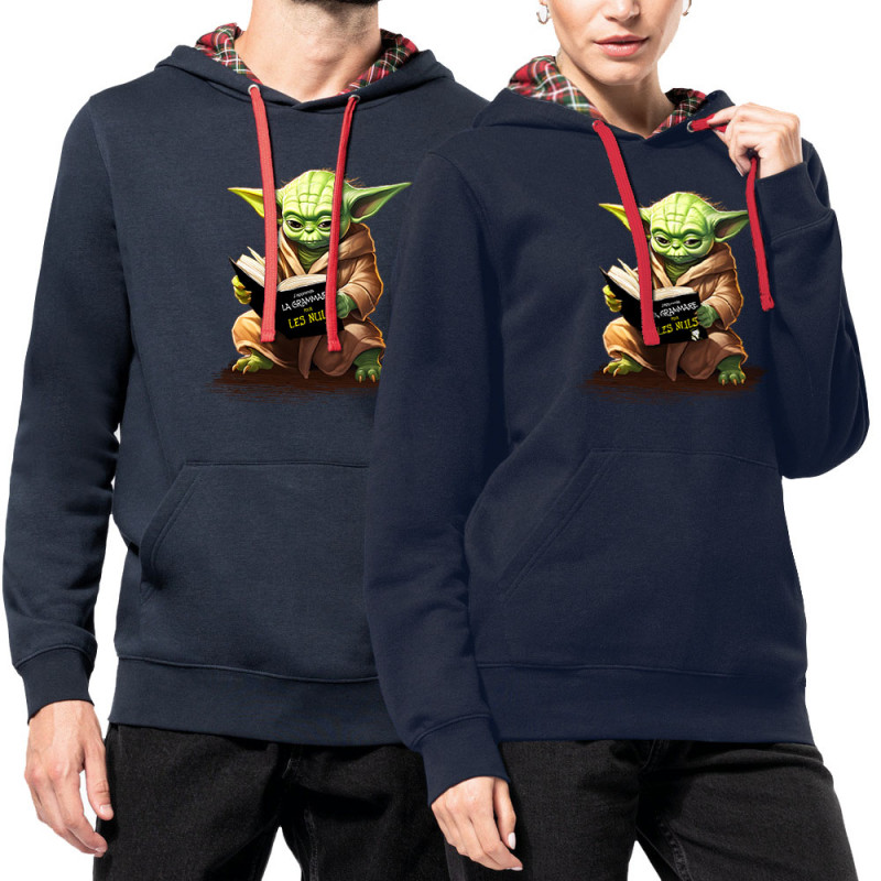 Sweat capuche à motifs unisexe bleu marine et rouge tartan Yoda pour les nuls (Gondrax,Films/Séries,Humour,Star Wars)