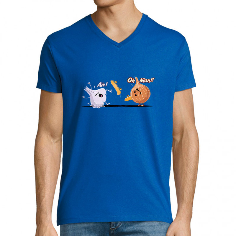 T-shirt homme col V bleu royal aïe oh nion (Skurg,Fruits & Légumes,Humour,Skate)