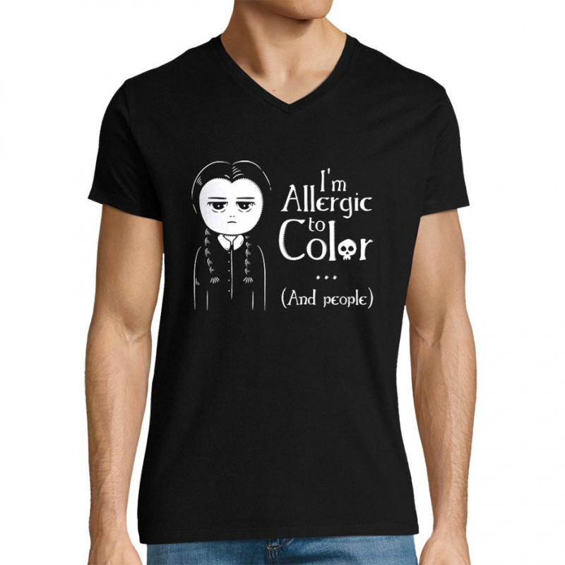 T-shirt homme col V noir Wednesday Adams allergic to color (Le Duc,Humour,Films/Séries)