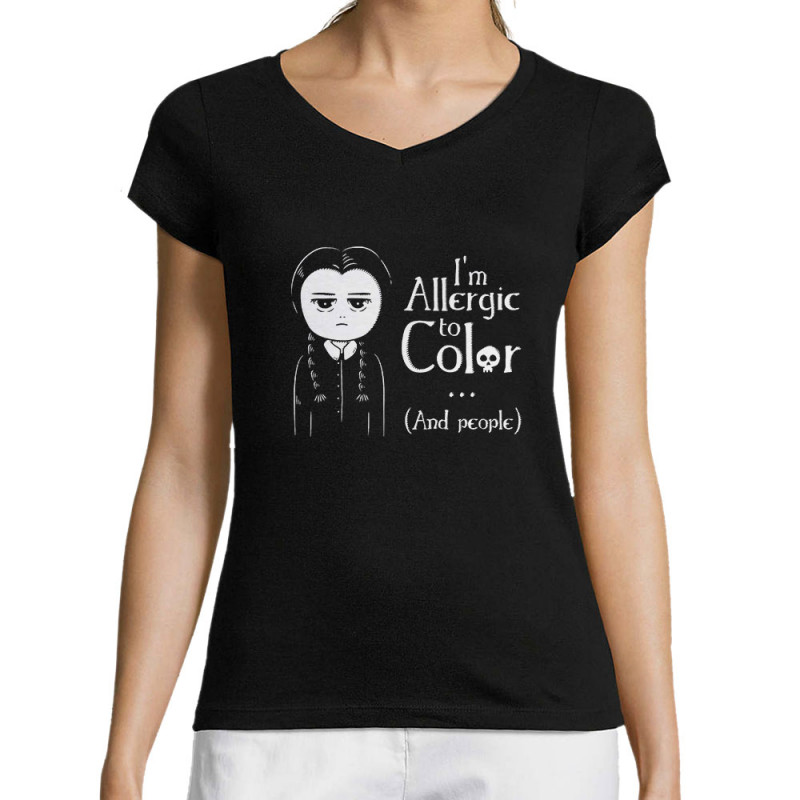 T-shirt femme col V noir Wednesday Adams allergic to color (Le Duc,Humour,Films/Séries)