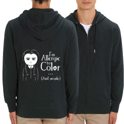 Sweat homme zippé à capuche coton bio noir Wednesday Adams allergic to color (Le Duc,Humour,Films/Séries)