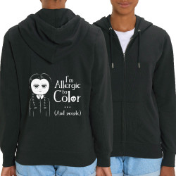 Sweat femme zippé à capuche coton bio noir Wednesday Adams allergic to color (Le Duc,Humour,Films/Séries)