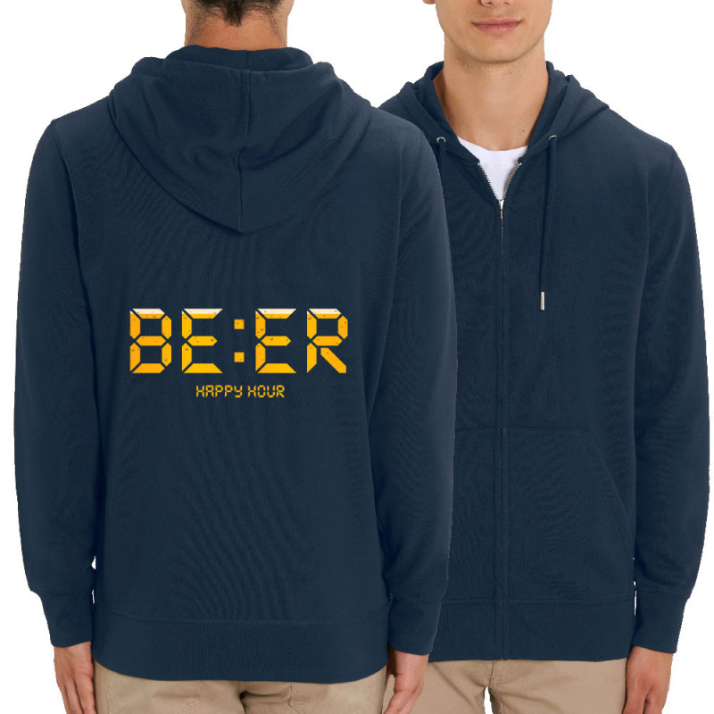 Sweat homme zippé à capuche coton bio bleu marine BEER Happy Hour (Le Duc,Humour,Films/Séries)