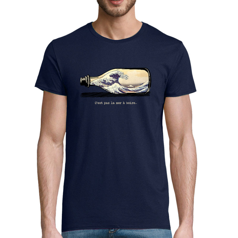 T-shirt homme coton bio bleu marine Pas la mer à boire Hokusaï (Gondrax,Hokusaï,Musée)