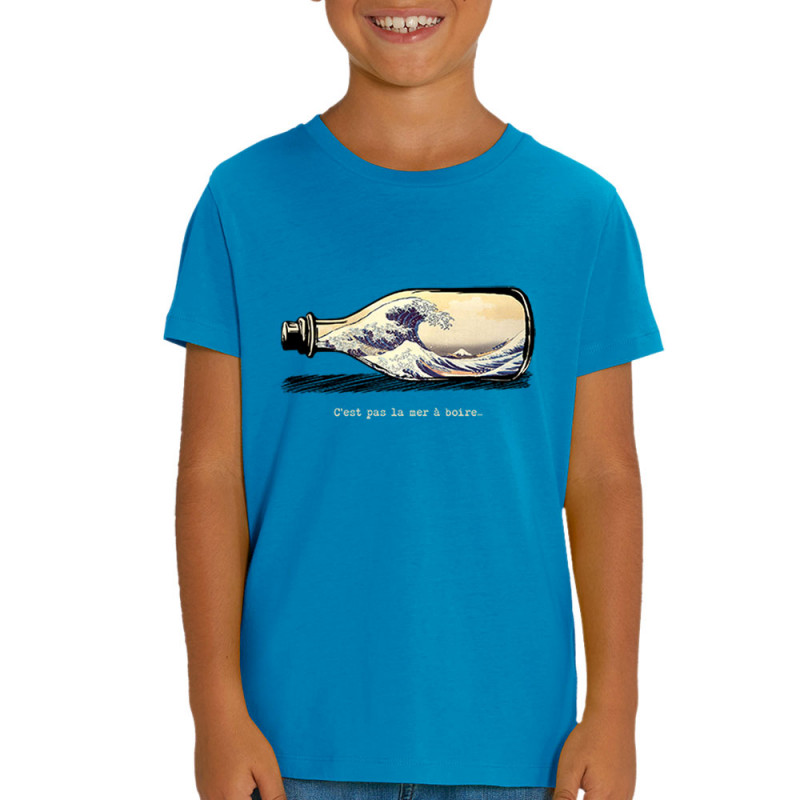 T-shirt enfant coton bio bleu azur Pas la mer à boire Hokusaï (Gondrax,Hokusaï,Musée)