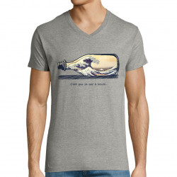 T-shirt homme col V gris chiné Pas la mer à boire Hokusaï (Gondrax,Hokusaï,Musée)
