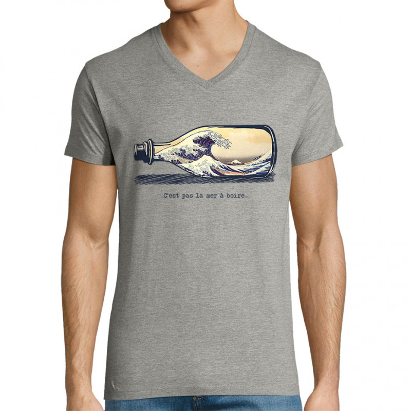 T-shirt homme col V gris chiné Pas la mer à boire Hokusaï (Gondrax,Hokusaï,Musée)