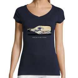 T-shirt femme col V bleu marine Pas la mer à boire Hokusaï (Gondrax,Hokusaï,Musée)