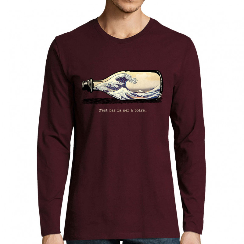 T-shirt homme manches longues bordeaux Pas la mer à boire Hokusaï (Gondrax,Hokusaï,Musée)