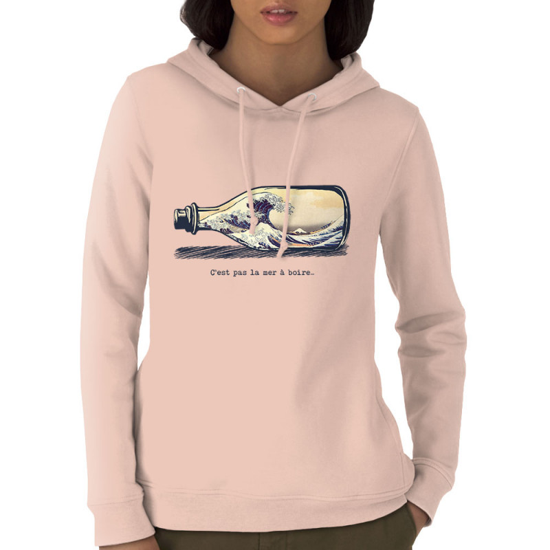 Sweat femme à capuche coton bio rose clair Pas la mer à boire Hokusaï (Gondrax,Hokusaï,Musée)