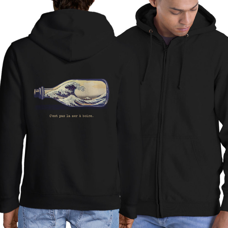 Sweat homme à capuche zippé noir Pas la mer à boire Hokusaï (Gondrax,Hokusaï,Musée)