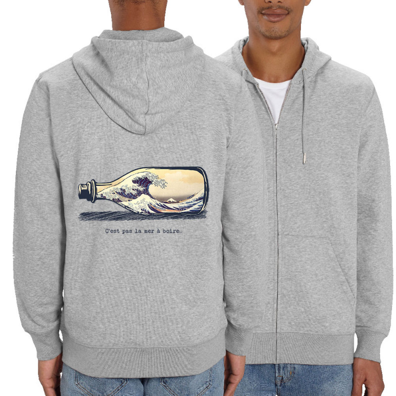 Sweat homme zippé à capuche coton bio gris chiné Pas la mer à boire Hokusaï (Gondrax,Hokusaï,Musée)