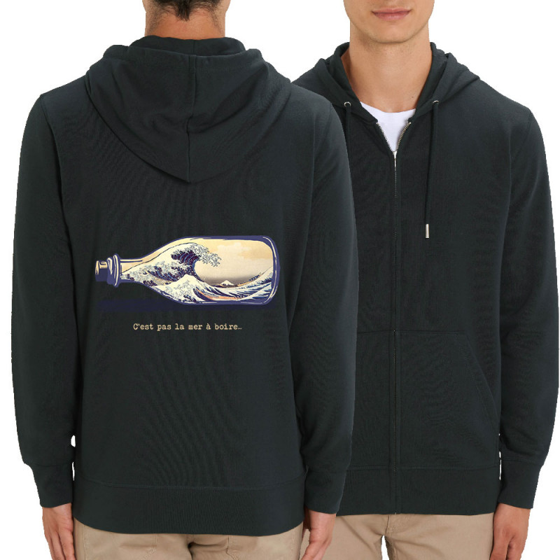Sweat homme zippé à capuche coton bio noir Pas la mer à boire Hokusaï (Gondrax,Hokusaï,Musée)