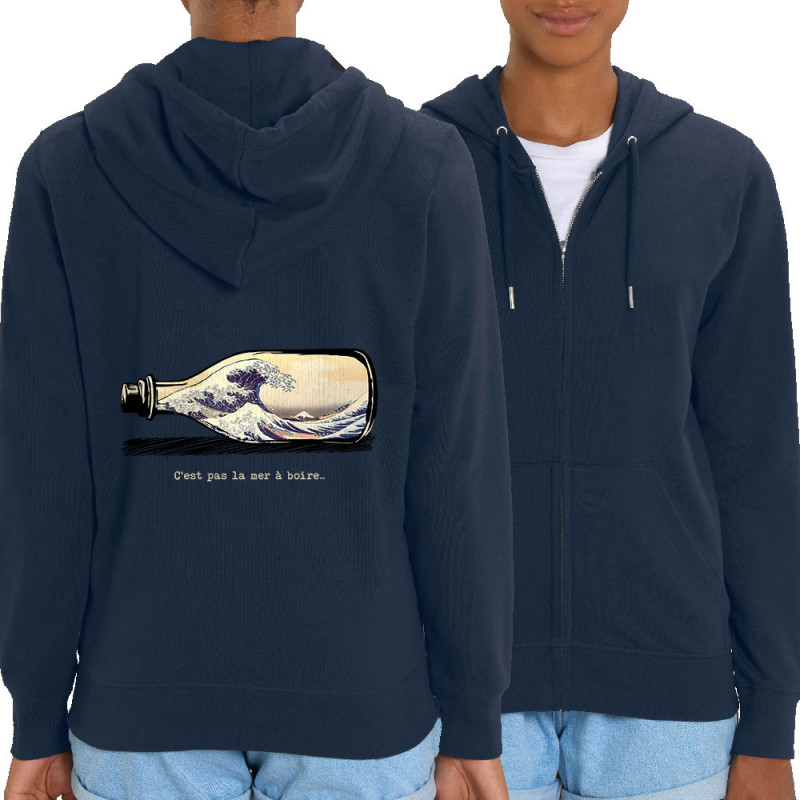 Sweat femme zippé à capuche coton bio bleu marine Pas la mer à boire Hokusaï (Gondrax,Hokusaï,Musée)