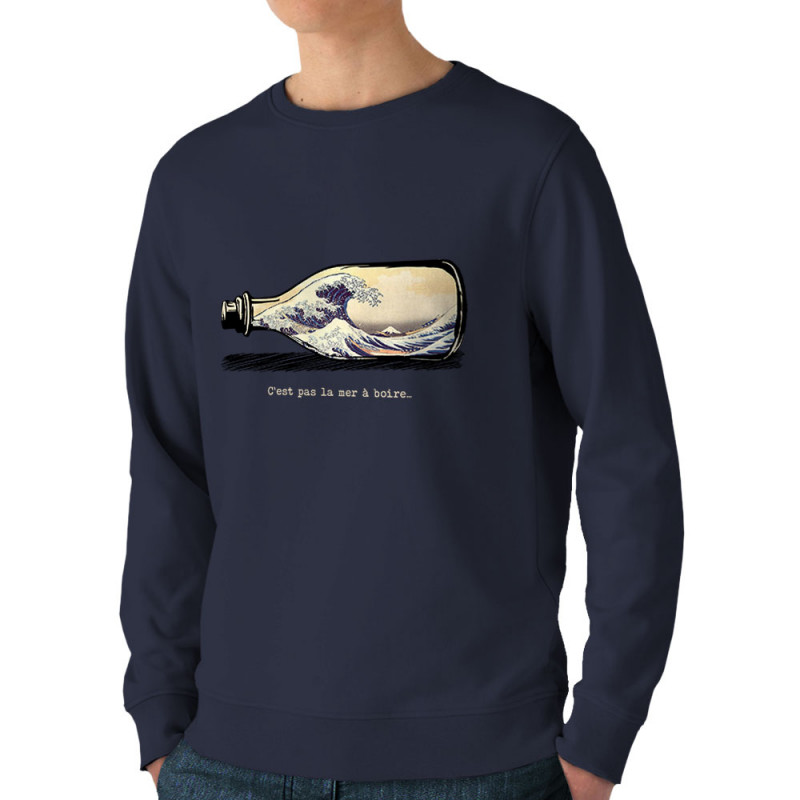 Sweat homme bio col rond bleu marine Pas la mer à boire Hokusaï (Gondrax,Hokusaï,Musée)