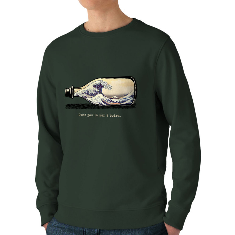 Sweat homme bio col rond vert foncé Pas la mer à boire Hokusaï (Gondrax,Hokusaï,Musée)