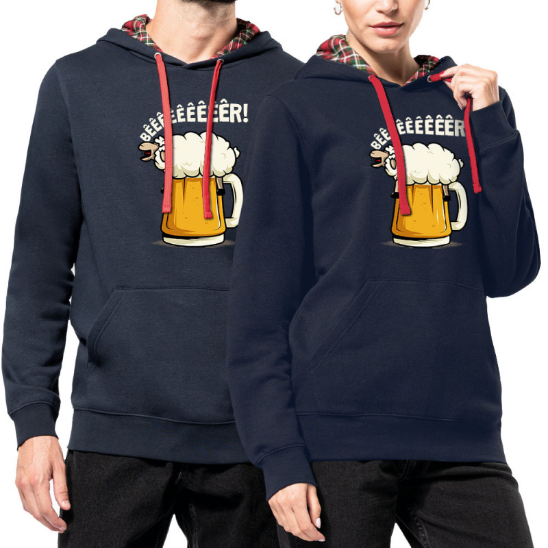Sweat capuche à motifs unisexe bleu marine et rouge tartan Beeeer mouton (Le Duc,Alcool,Animaux)