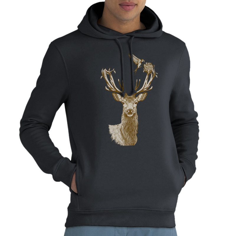 Sweat homme à capuche coton bio gris anthracite Cerf Oiseaux Squatters (Gondrax,Animaux)