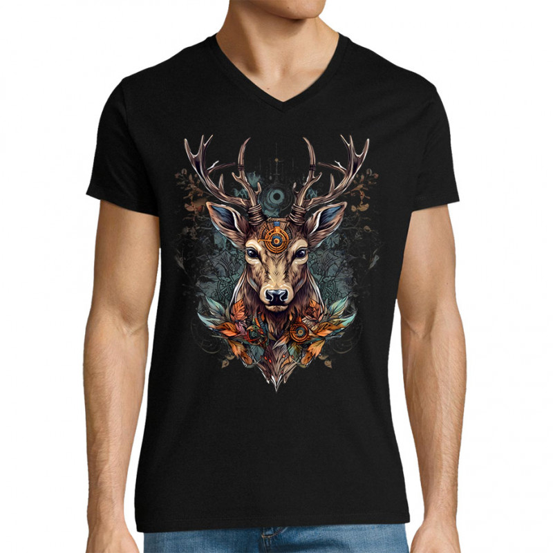 T-shirt homme col V noir Psyche Deer (Animaux)