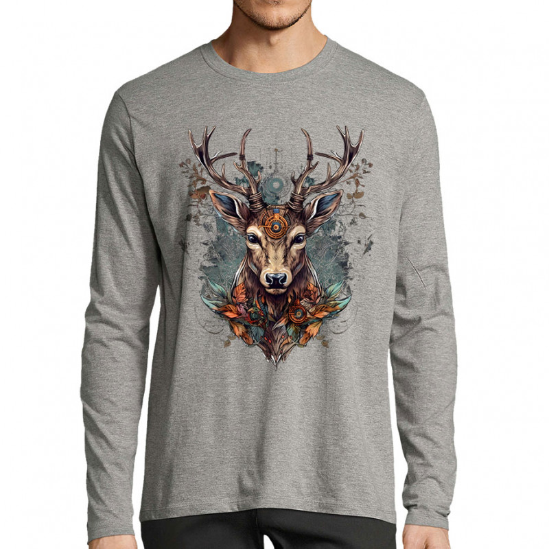 T-shirt homme manches longues gris chiné Psyche Deer (Animaux)