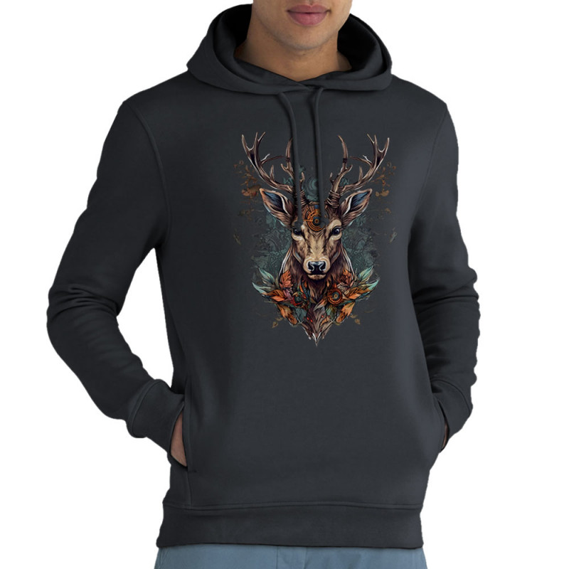 Sweat homme à capuche coton bio gris anthracite Psyche Deer (Animaux)