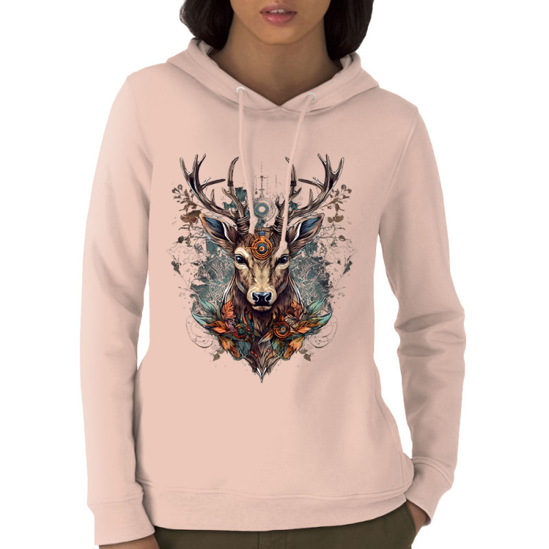 Sweat femme à capuche coton bio rose clair Psyche Deer (Animaux)
